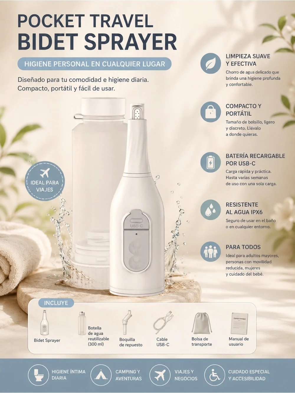 Pocket Travel Bidet Sprayer - White